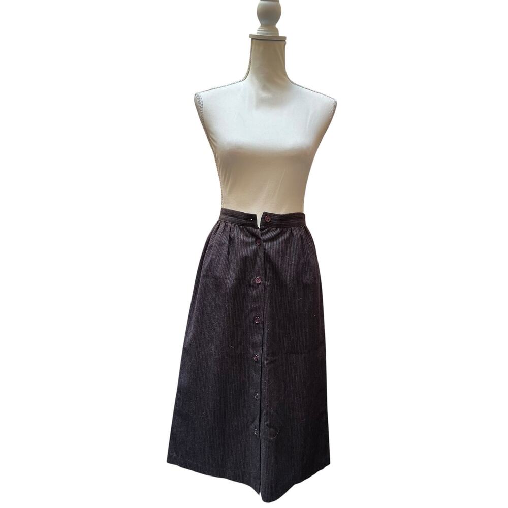 Clyde Women’s Wool Blend Button Front Midi Skirt Brown Pinstripe Vintage